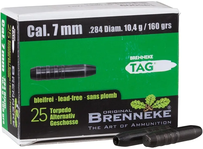 25 BRENNEKE TAG 7mm 10,4Gramm 160 grs Geschosse,bleifrei