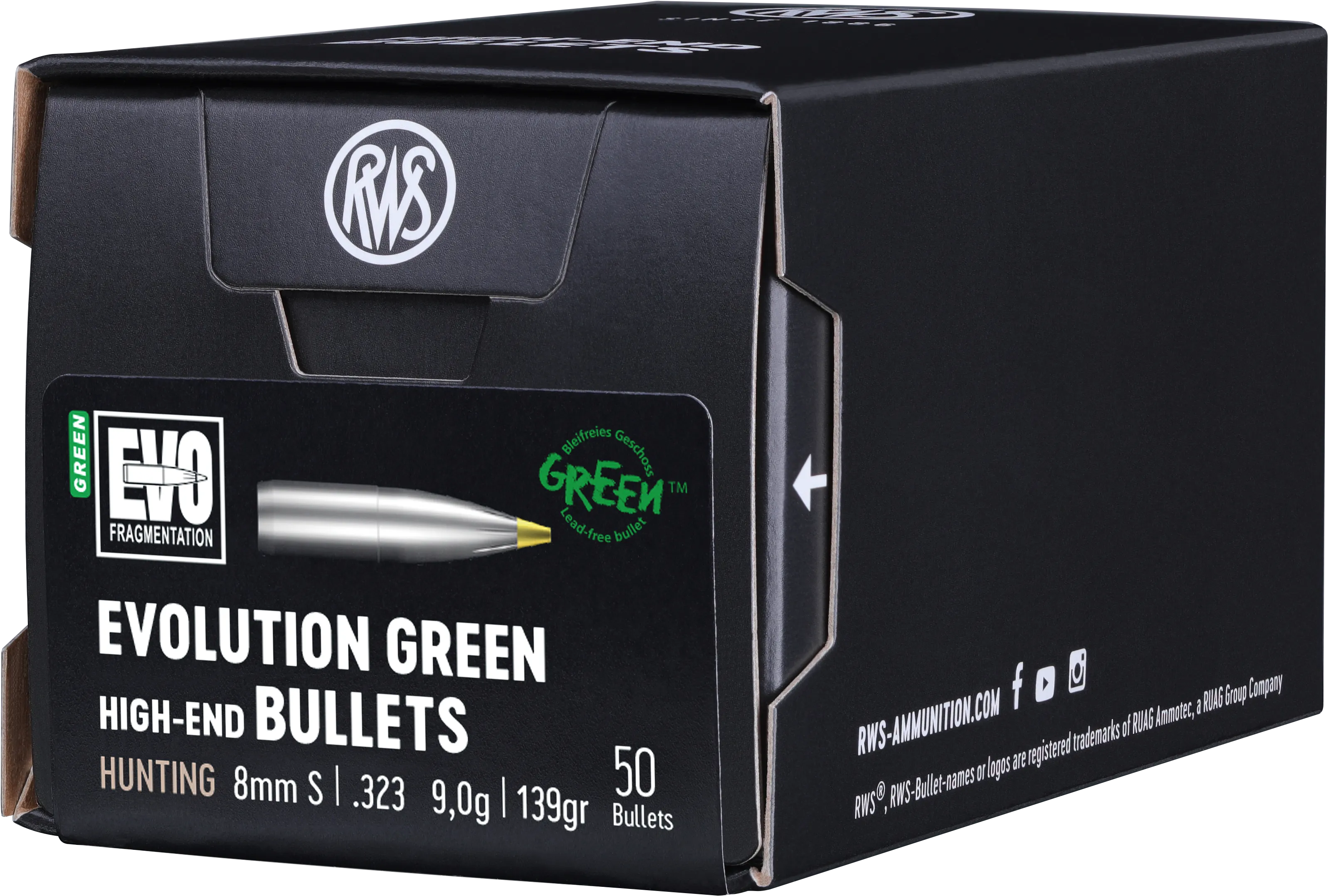 50 RWS 8mmS  9,0g EVO GREEN GESCHOSSE .323 Bleifrei